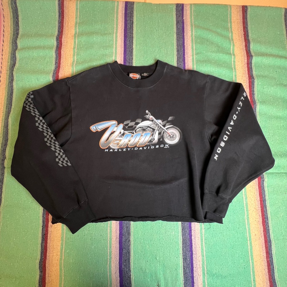 Harley-Davidson Sweatshirt M Black V-Rod Graphic Cropped Raw Hem 2001 Y2K